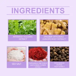 Ximonth herbal neck patch detail infographic showing natural ingredients like mugwort and ginger.