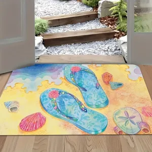 Detail view of the watercolor beach flip-flops diatomite doormat, absorbent and anti-slip surface.