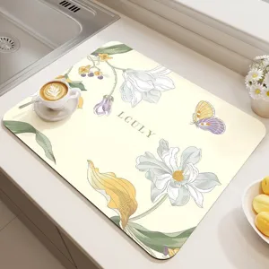 Tappetino scolapiatti in diatomite con fiori per cucina, tappetino assorbente caffè.