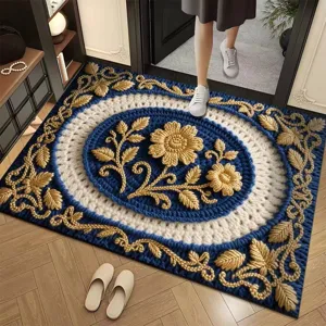 Absorbent diatomaceous earth mat featuring retro knitted floral pattern for entryway and bathroom.