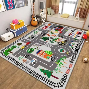 Kinder Straßen Spielteppich Kristall Samt bedruckt Stadt Verkehr Fußmatte für Kinderzimmer
