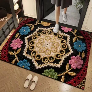 Absorbent diatomaceous earth floor mat with vintage floral pattern for home entry and hallway.