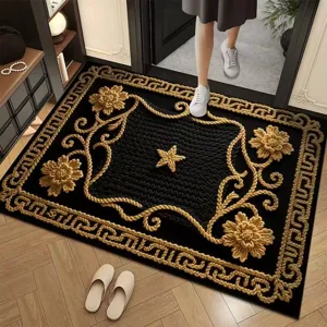 New Chinese style absorbent doormat with gold rope floral pattern for entryway decor