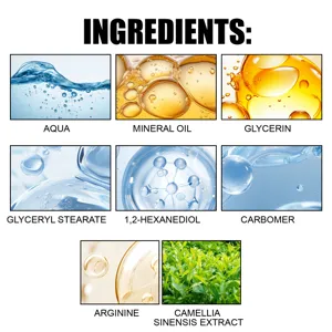 Vista dettagliata dei principali ingredienti cosmetici inclusi glicerina, olio e estratti.