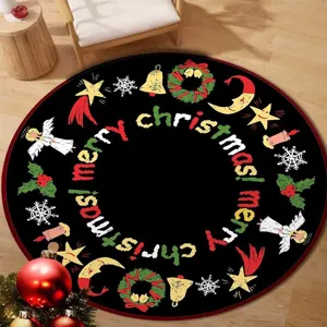 Close-up of circular Christmas rug with colorful merry christmas text and icons