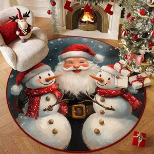 Christmas round rug with Santa Claus and snowmen design, soft plush holiday home decor mat.