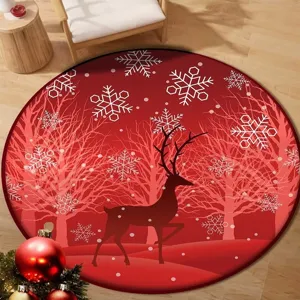 Detailed view of red Christmas round rug featuring reindeer and snowflakes pattern
