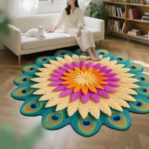 Großer runder bunter Pfauenblumen Teppich Kristall Samt Wohnzimmer Bodenmatte rutschfest