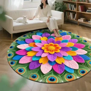 Detailansicht der runden 3D Pfauenfeder Blumen Kristall Samt Matte im gemütlichen Raum.