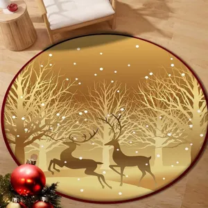 Close-up of a festive round rug with golden reindeer patterns and a red border detail.