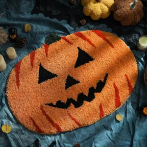 Halloween Pumpkin Shape Faux Cashmere Detail Mat Absorbent Non-Slip Floor Carpet Rug