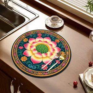 Round diatomaceous earth drying mat with lotus design, perfect for kitchen counter and table.