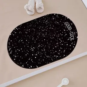 Korean minimalist oval floor mat with splash ink pattern and Good Luck letter for home bathroom.