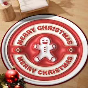 Close-up of a festive round red Christmas floor mat with gingerbread man and snowflake