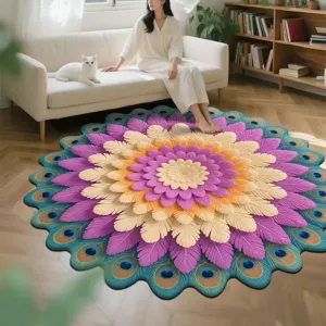Kristall Samt bedruckter runder Teppich mit Pfauenfeder Blumen Muster für Wohnzimmer Deko.