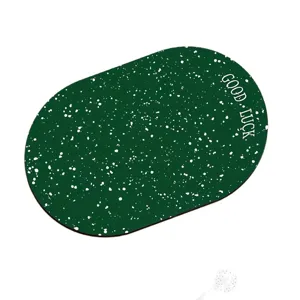 Korean style dark green speckle oval floor mat with Good Luck letter print for bathroom home.