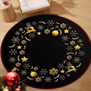 Round Christmas decorative rug with golden reindeer and snowflake wreath design