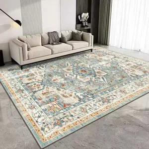 Detailed view of vintage Persian style living room rug, elegant patterned floor carpet