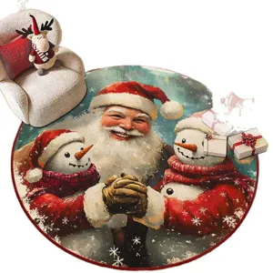 Christmas round crystal velvet floor mat with cute santa claus and snowman for holiday decor.