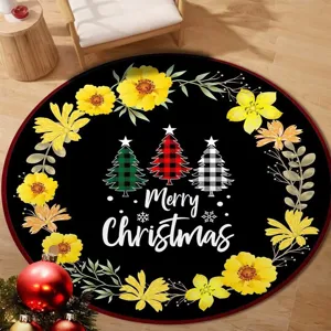 Round festive Christmas rug featuring plaid trees and yellow flowers on black background