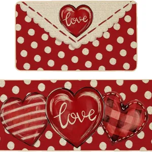 Set di tappetini antiscivolo per San Valentino con cuori rossi e pois decorativi