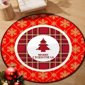 Round red Christmas rug with plaid pattern and snowflake design for festive home decor