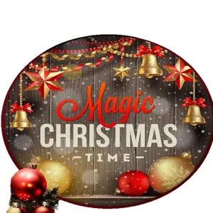 Festive round Christmas welcome mat with Magic Christmas Time print and ornaments