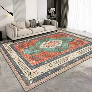 Detailed view of Persian style living room rug, durable and easy to clean floor mat.