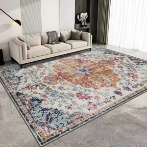 Detailed view of large Persian style living room rug featuring vintage floral patterns and durable material.