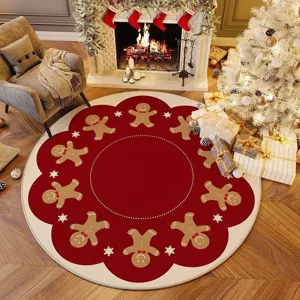 Christmas round rug with gingerbread man pattern, soft crystal velvet holiday floor mat for living room.