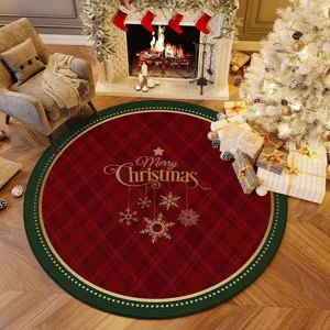 Christmas round rug with red plaid pattern and gold snowflake design for holiday home decor.