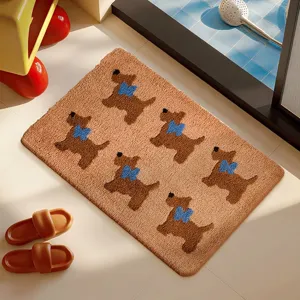 Soft faux cashmere bathroom mat with cute brown dog and blue bowtie pattern detail view