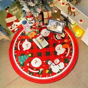 Christmas round rug detail showing cozy holiday festive mat with cute Santa Claus and snowman.