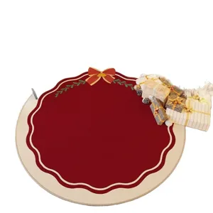 Christmas round crystal velvet carpet festive home decor red mat with bow and gift box