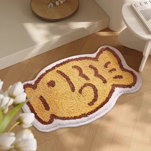 Cute fish-shaped Taiyaki floor mat with high-density plush texture in a cozy home environment