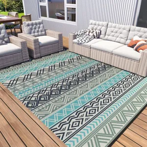 Outdoor patio rug detail showing blue and beige geometric pattern weave texture setup.
