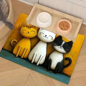 Cartoon Katzen Kieselgur Haustier Futtermatte mit Holz Doppelnapf Ständer, rutschfest.