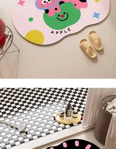 Cute cartoon animal diatomite bath mat detail view, absorbent and quick-drying floor rug.