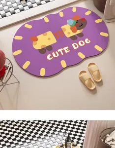 Close-up detail of a cute purple diatomaceous earth bath mat featuring a playful dog graphic.