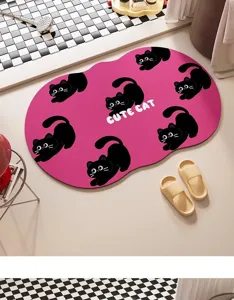 Pink cute black cat bath mat, absorbent non-slip diatomaceous earth floor mat for bathroom.