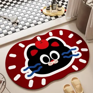Cute cartoon black cat diatomite bath mat, soft non-slip absorbent floor mat for home bathroom.