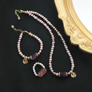 Natürliche Lila Süßwasserperle Amethyst Halskette Armband Ring Set Vergoldet Fu Anhänger PiXiu Schmuck Für Damen Geschenk