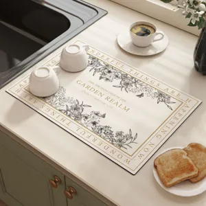 Diatomaceous earth kitchen drying mat with elegant floral design for fast water absorption.
