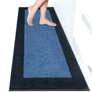 Long runner rug for kitchen and hallway, anti-slip loop pile floor mat in blue and black.