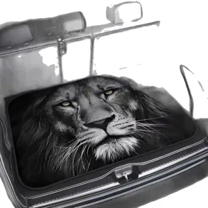 Black and white lion print car trunk mat, durable crystal velvet non-slip universal liner.
