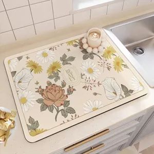 Kitchen drying mat diatomaceous earth absorbent dish mat vintage floral counter mat