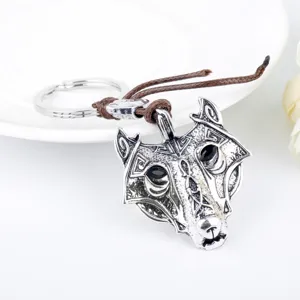 Viking wolf hoofd sleutelhanger vintage metalen hanger met een mooi gevlochten touw