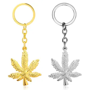 Metalen cannabis blad sleutelhanger, goud zilver legering wietblad ring, mode tas hanger charm.