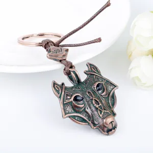Vintage noorse Viking wolf hoofd sleutelhanger retro brons metaal amulet sleutelring tas