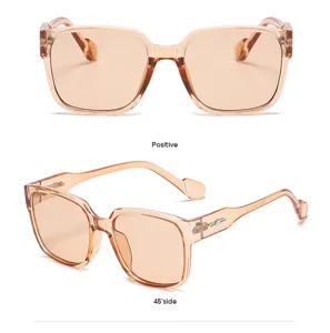 Vista detallada de gafas de sol cuadradas transparentes de moda, perspectivas frontal y angulada.